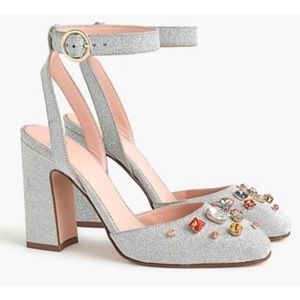 J. Crew Harlow Silver Glitter & Jeweled Ankle-Strap Pumps - 9.5